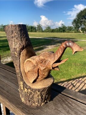 Hand Carved Wooden Elephant Sculpture Rustic Log Base Folk Art Wildlife Decor